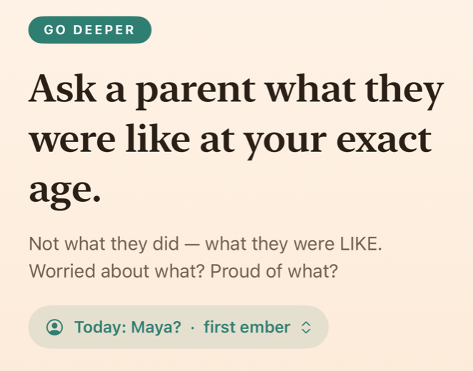 The daily rep card: a Go Deeper prompt with the named suggestion, Today: Maya.