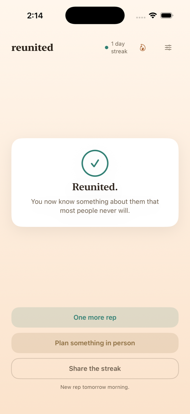 The done screen after a rep: a checkmark and the word Reunited.