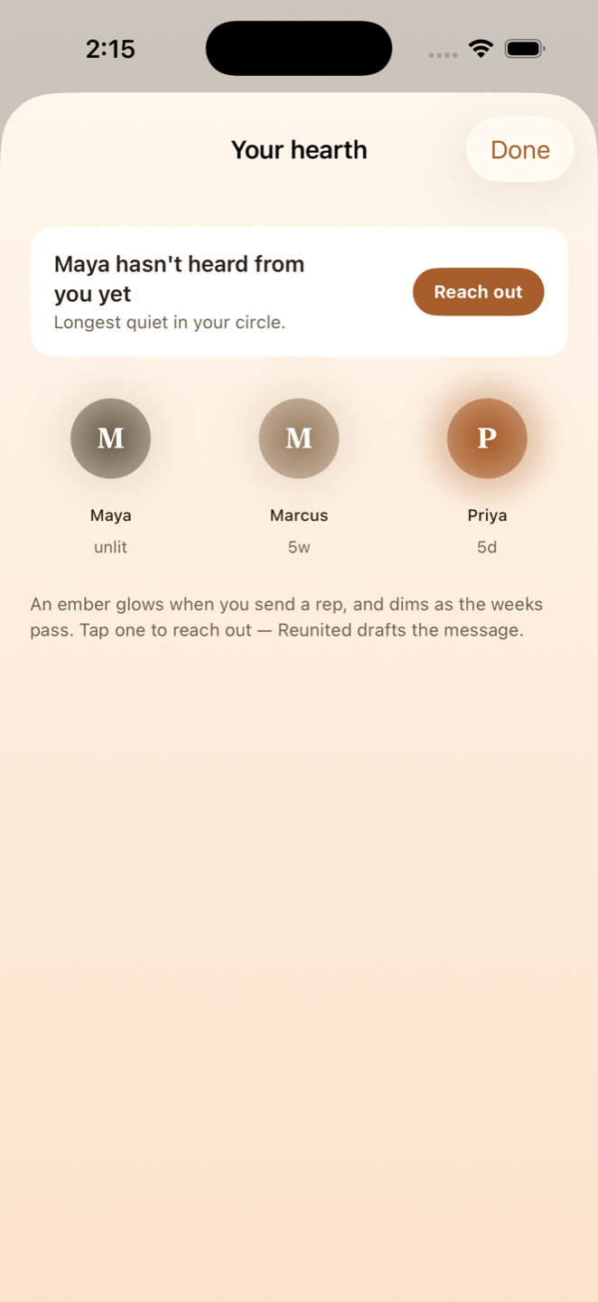The hearth screen: each person in your circle as an ember that glows when you reach out