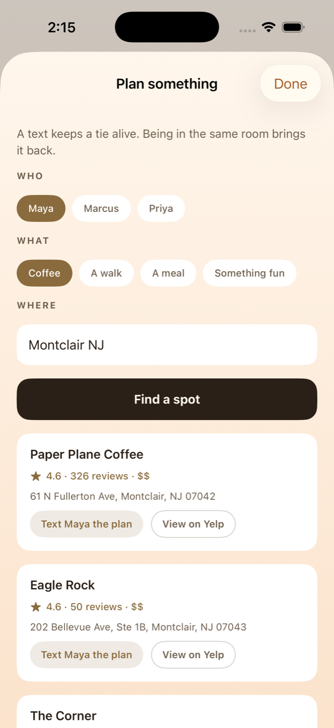 Plan something: coffee spots near Montclair ranked by rating, with a drafted invite